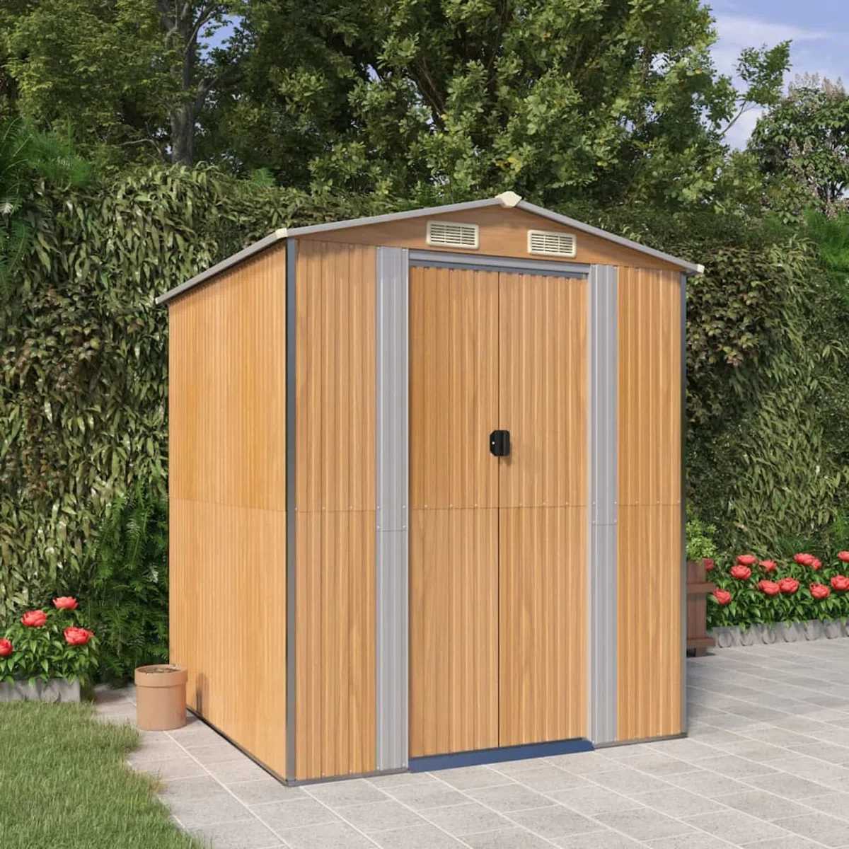 LAPOOH Geräteschuppen, Gerätehaus, Fahrradgarage, Gartenhütte, Fahrradunterstand, Gartenhäuschen, Garten Hütte, Fahrrad Unterstand, Hellbraun 192x191x223 cm Verzinkter Stahl