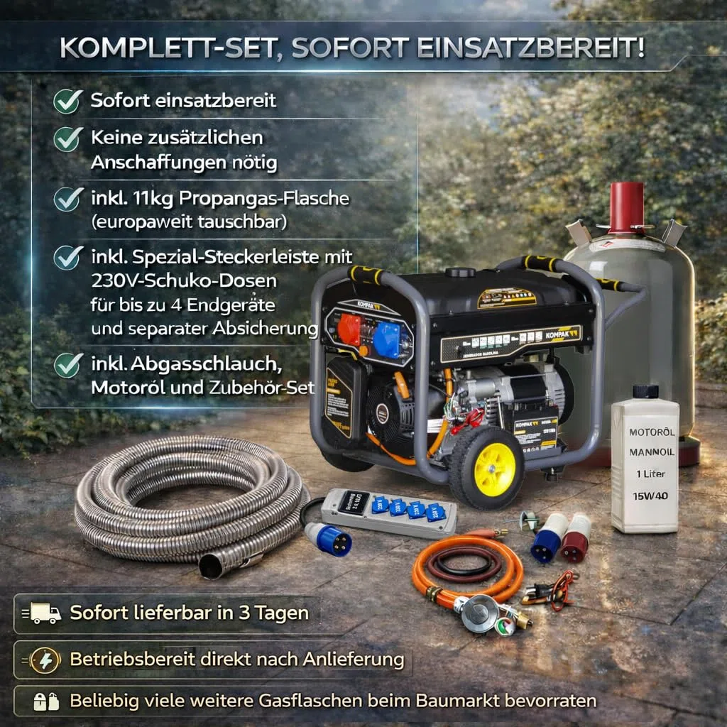 Dual Fuel Strom-Generator 10 kVA | KOMPLETT-SET – Benzin & Propangas Notstromaggregat 230/400 V – fahrbar inkl. 4er-Steckerleiste, Gasflasche & Zubehör