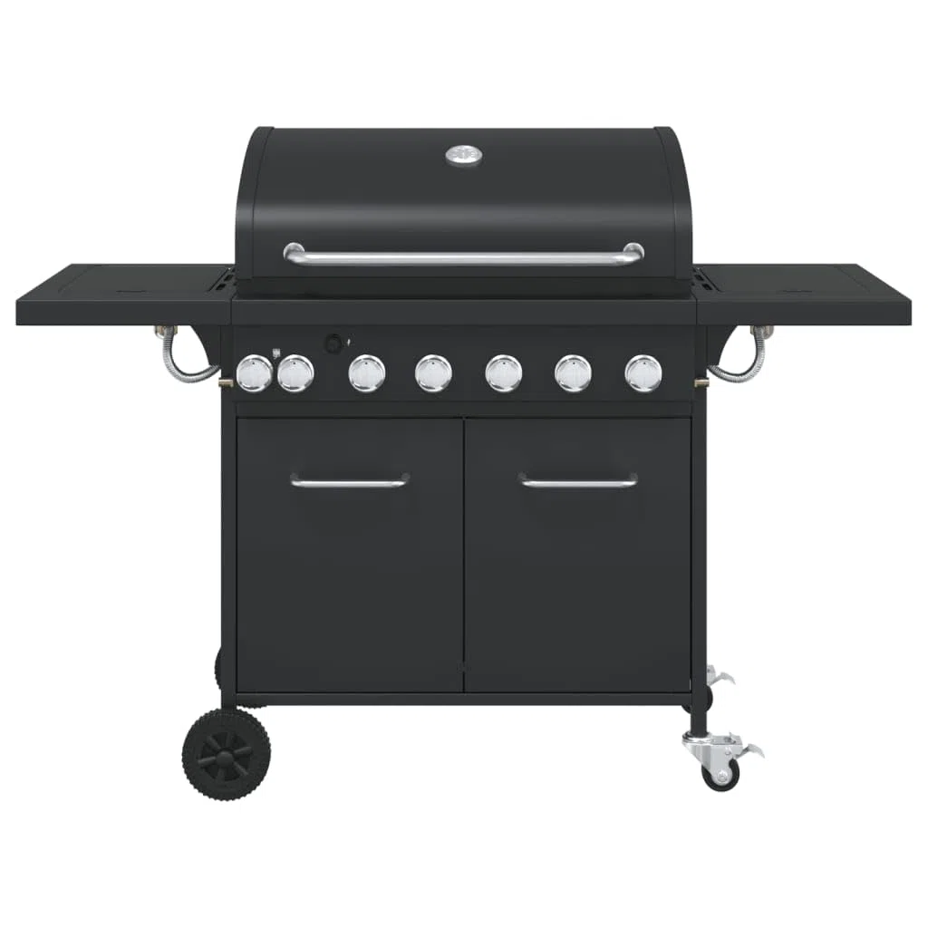 Gasgrill mit 7 Flammen 18,2 kW, Outdoor Grillstation aus pulverbeschichtetem Stahl, 73 x 40 cm Grillfläche, integriertes Thermometer, Schwarz