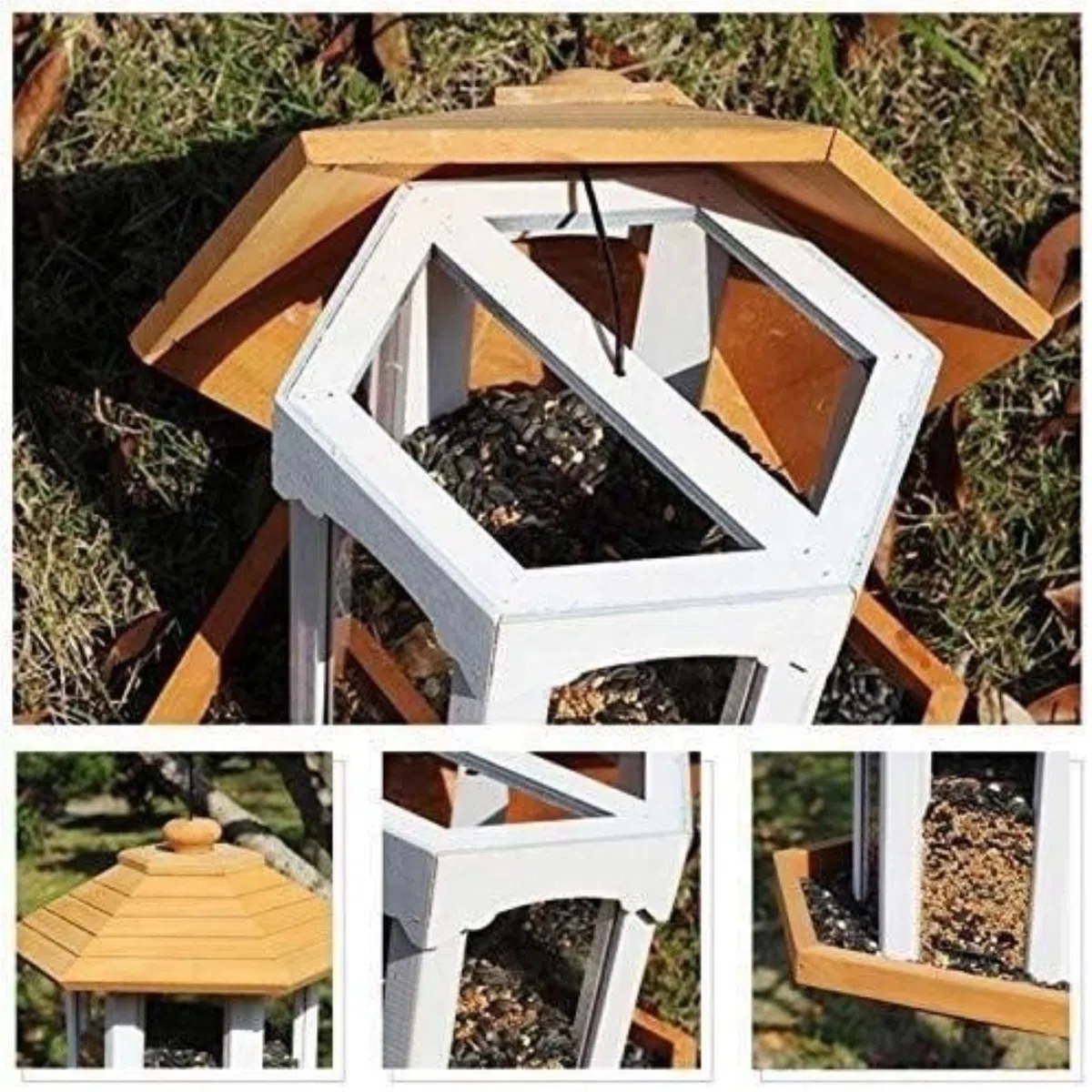 Vogelfutterspender Balkon Hängender Vogelfutterspender Für Den Außenbereich Aus Holz Mit Abdeckung, Vogelfutterbox, Auslaufsicherer Pavillon Gartendekoration