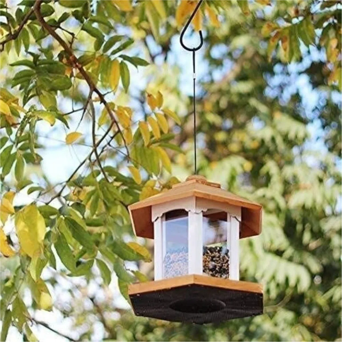 Vogelfutterspender Balkon Hängender Vogelfutterspender Für Den Außenbereich Aus Holz Mit Abdeckung, Vogelfutterbox, Auslaufsicherer Pavillon Gartendekoration