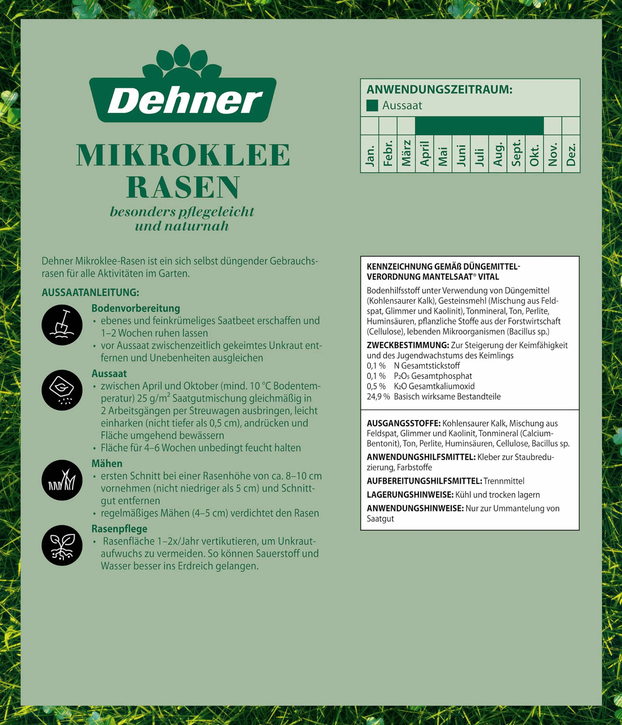 Dehner Saatgut Rasensamen, Mikroklee-Rasen, hochwertige Saatgutmischung, selbstdüngend/selbstkeimend, für ca. 25 m², 625 g (Packung mit 8)