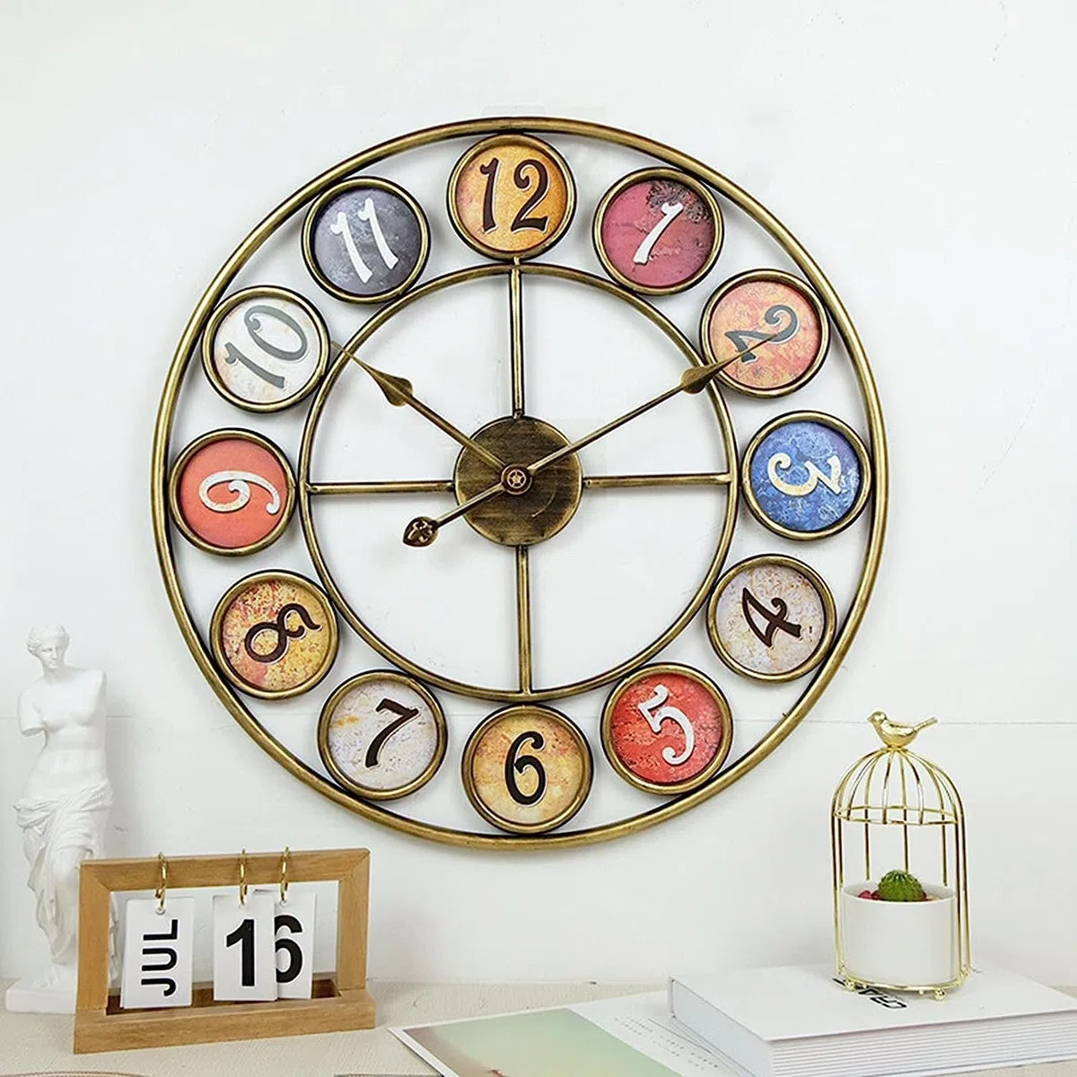 Outdoor Indoor Wanduhr, 24 Zoll / 60 cm große runde Gartenuhr, offene schmiedeeiserne wasserdichte Outdoor-Uhr Indoor Outdoor Dekoration