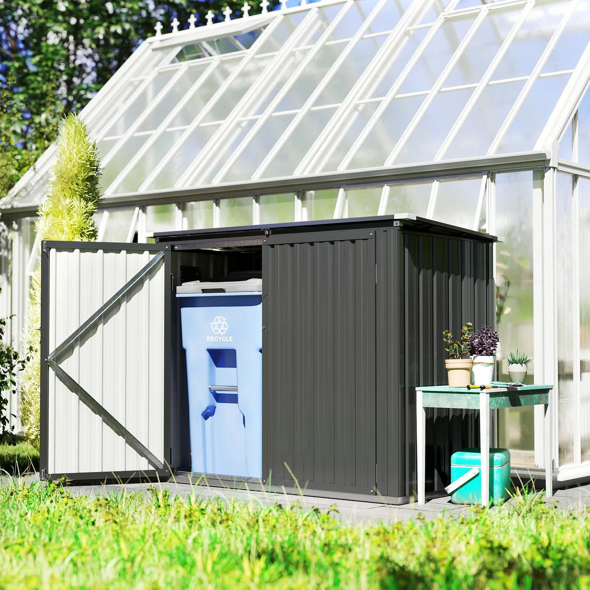 Outsunny Gartenhaus für Doppel-Mülltonnen, 240 l, aus verzinktem Stahl, mit Klappdeckel und abschließbaren Türen, für Garten, Außenbereich, 150 x 80 x 117 cm, Dunkelgrau