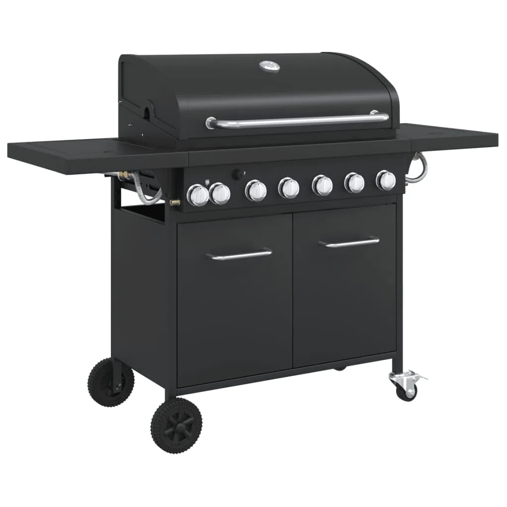 Gasgrill mit 7 Flammen 18,2 kW, Outdoor Grillstation aus pulverbeschichtetem Stahl, 73 x 40 cm Grillfläche, integriertes Thermometer, Schwarz