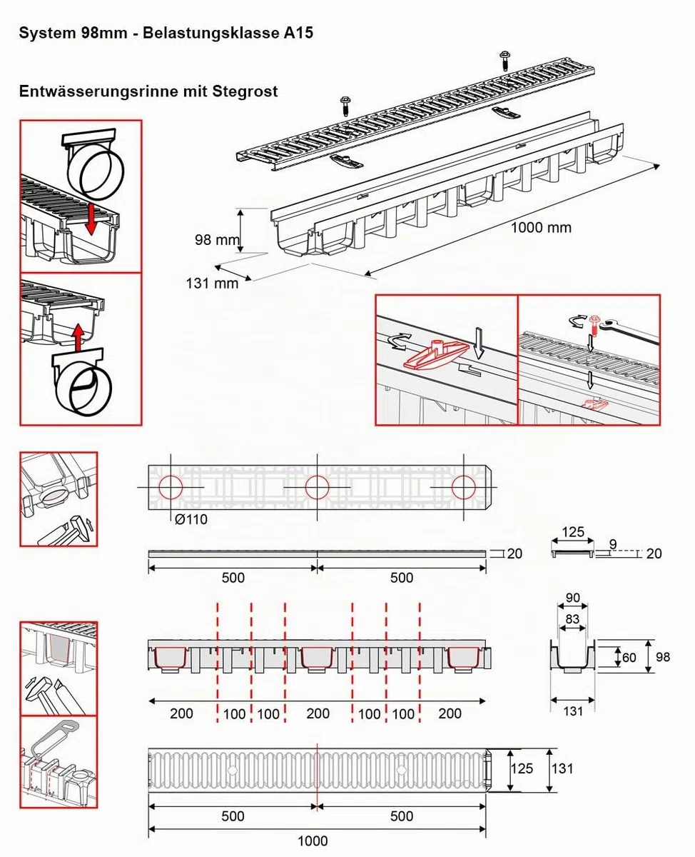 7m Entwässerungsrinne Terrassenrinne Stahlrost verzinkt komplett SET, System A15 98mm