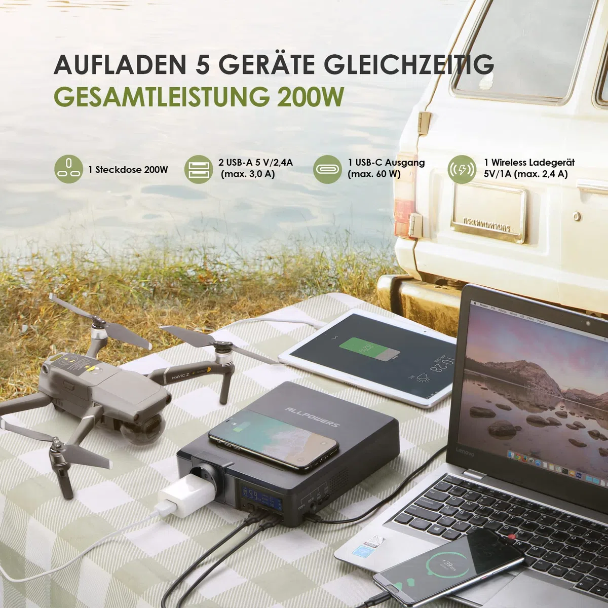 ALLPOWERS Tragbare Powerstation 200W 154Wh Kabellos Akku Solar Generator Power Station Batterie Mobiler Stromspeicher Mobiler Energiespeicher für Camping Mobilphone Laptop Reise Wohnmobil Notfall