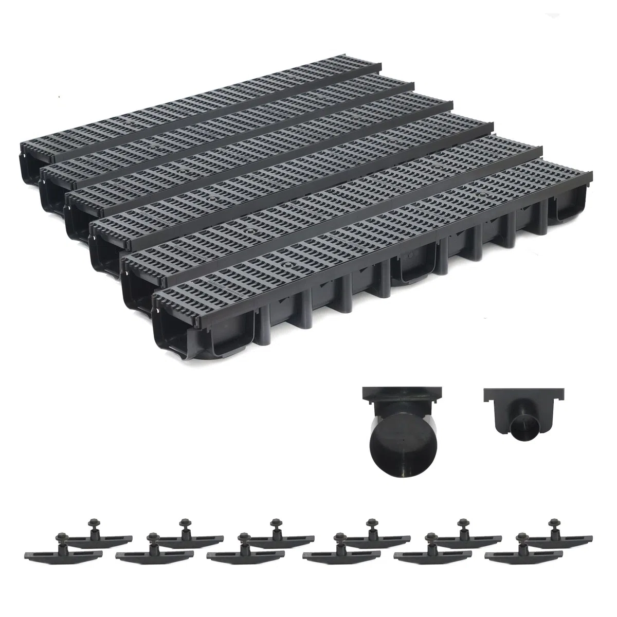 5m Entwässerungsrinne Belastungsklasse B125, 98mm komplett SET Stegrost Kunststoff (schwarz)