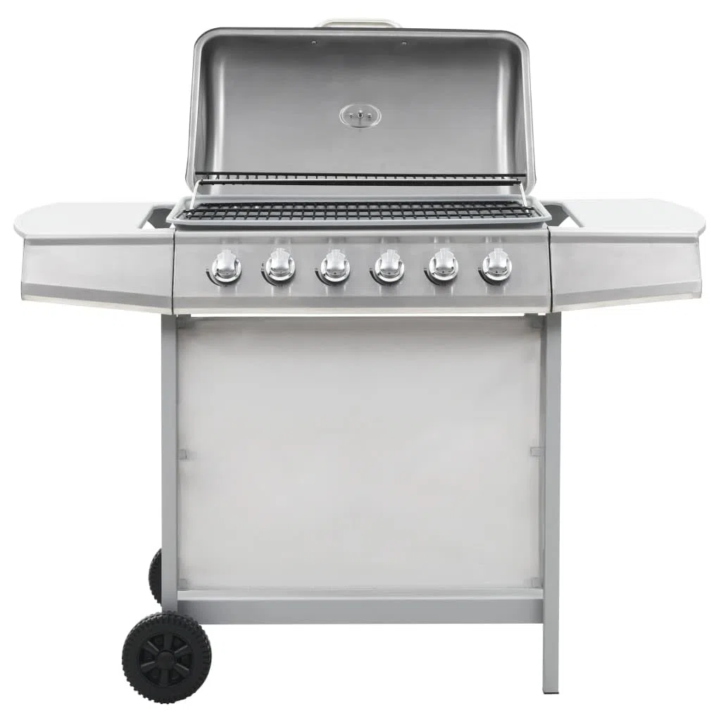 Gasgrill mit 6 Flammen Edelstahl, Garten Grillstation mit Thermometer, Seitenablagen und Fettauffangwanne, 12 kW Leistung