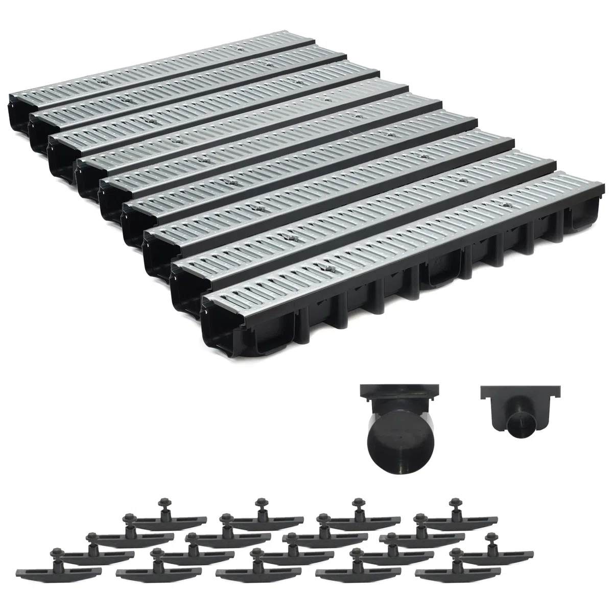 9m Entwässerungsrinne Terrassenrinne Stahlrost verzinkt komplett SET, System A15 98mm