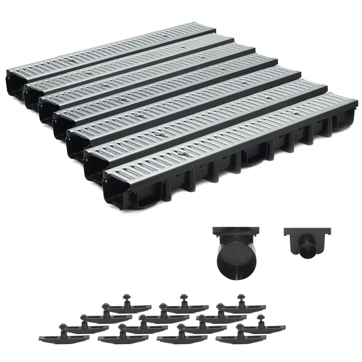 7m Entwässerungsrinne Terrassenrinne Stahlrost verzinkt komplett SET, System A15 98mm