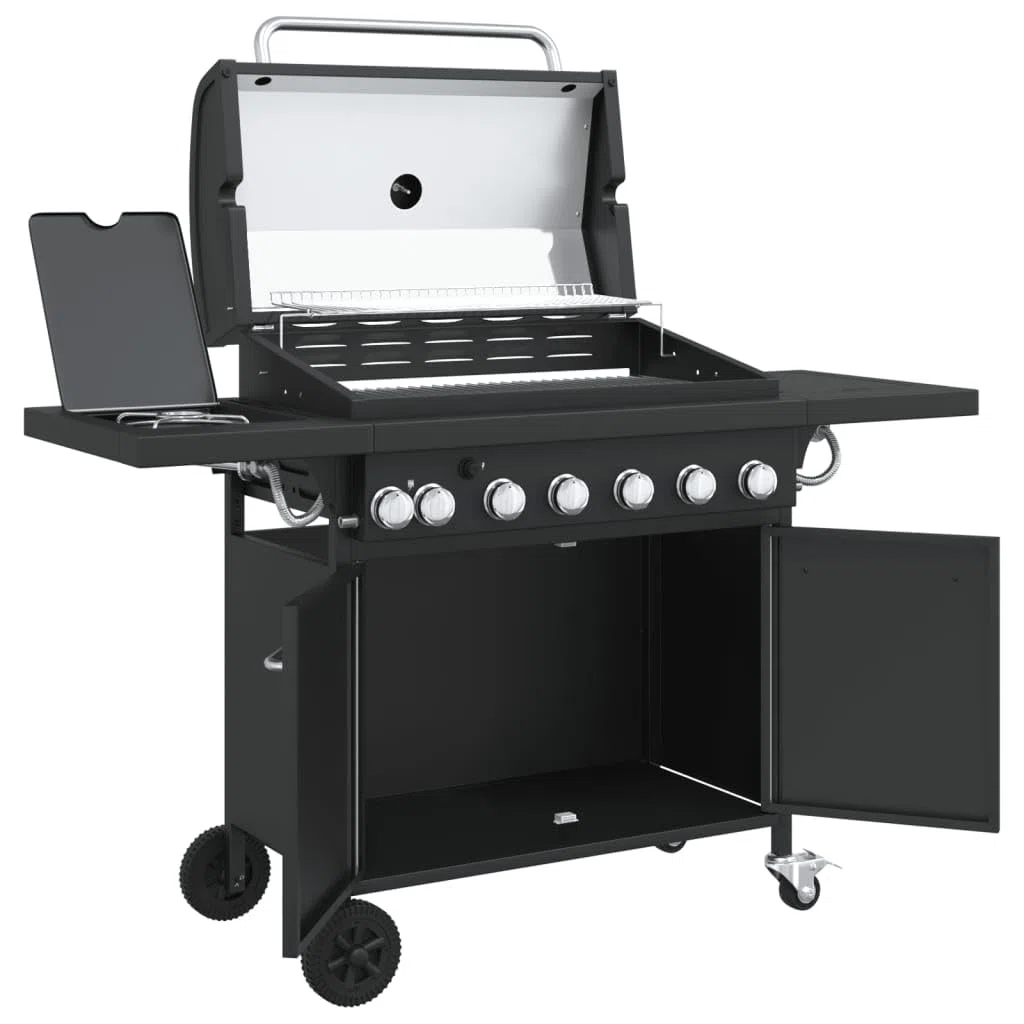 Gasgrill mit 7 Flammen 18,2 kW, Outdoor Grillstation aus pulverbeschichtetem Stahl, 73 x 40 cm Grillfläche, integriertes Thermometer, Schwarz