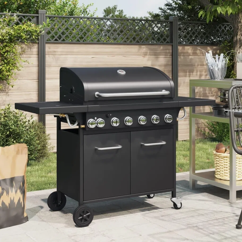 Gasgrill mit 7 Flammen 18,2 kW, Outdoor Grillstation aus pulverbeschichtetem Stahl, 73 x 40 cm Grillfläche, integriertes Thermometer, Schwarz