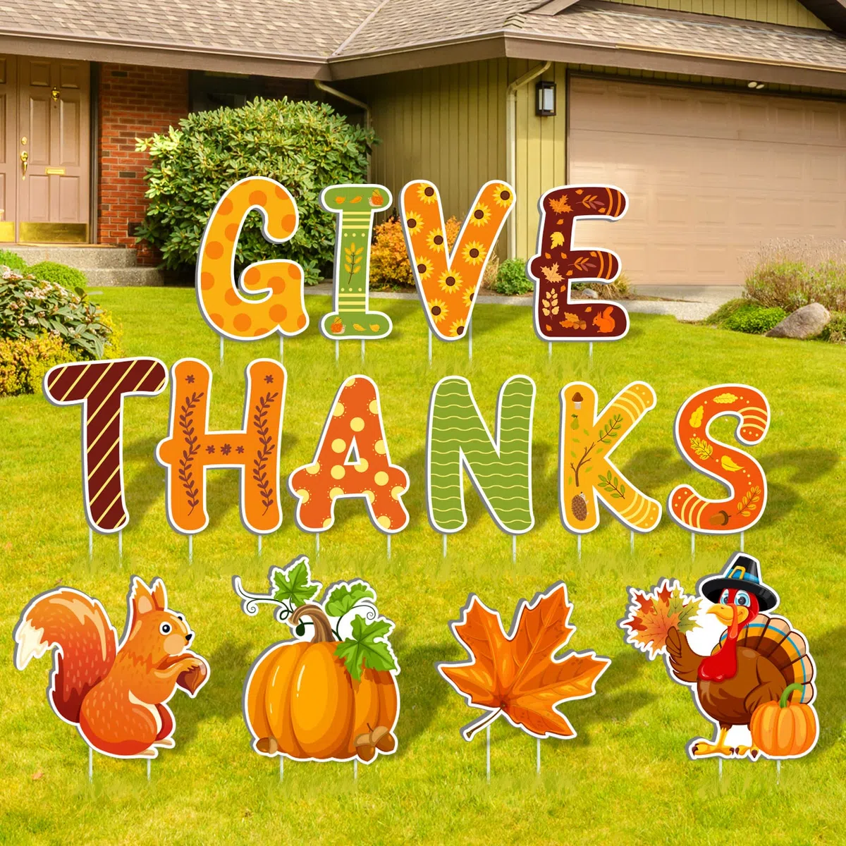 AnyDesign 14 Stück Herbsthof Schild mit 28 Stück Pfählen Give Thanks Truthahn Kürbis Ahornblatt Eichhörnchen Rasen Schild Herbst Ernte Rasen Dekor für Herbst Erntedankfest Zuhause Terrasse Outdoor