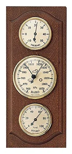 SELVA Wetterinstrument, Wetterstation – mechanisch, analog – Nussbaum – für außen – mit Thermometer, Barometer und Hygrometer (Maße: 280 x 120 mm)